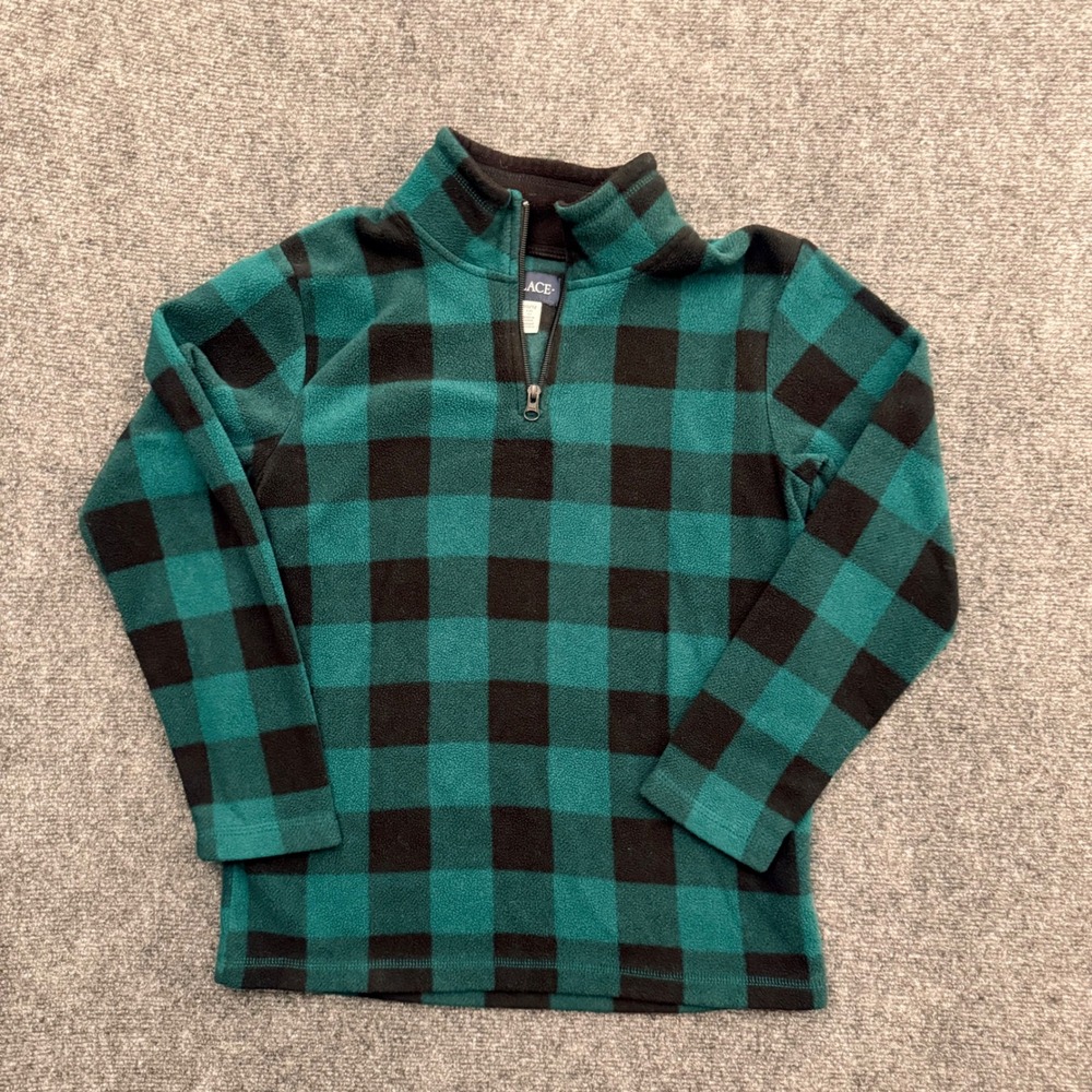 The Childrens Place Boys Green Black Buffalo Plaid Quarter Zip Fleece Size 10/12